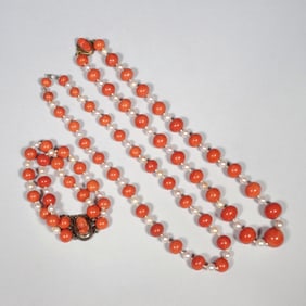 (3pc) CORAL & PEARL JEWELRY SUITE