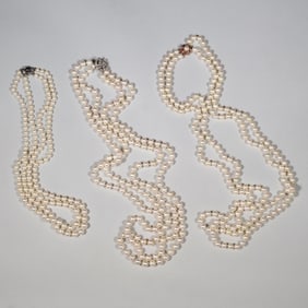 (3pc) DIAMOND & GEMSTONE GOLD CLASPED PEARL NECKLACES