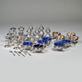 GROUP STERLING SILVER INCLUDING; SALT CELLARS, PEPPER SHAKERS