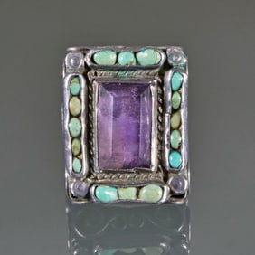 MEXICAN AMETHYST, TURQUOISE & STERLING ART RING