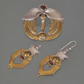(2pc) UNUSUAL GARNET, STERLING, & BRASS DEMI PARURE