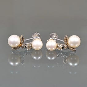 PAIR PEARL & DIAMOND 14K WHITE GOLD EARRINGS