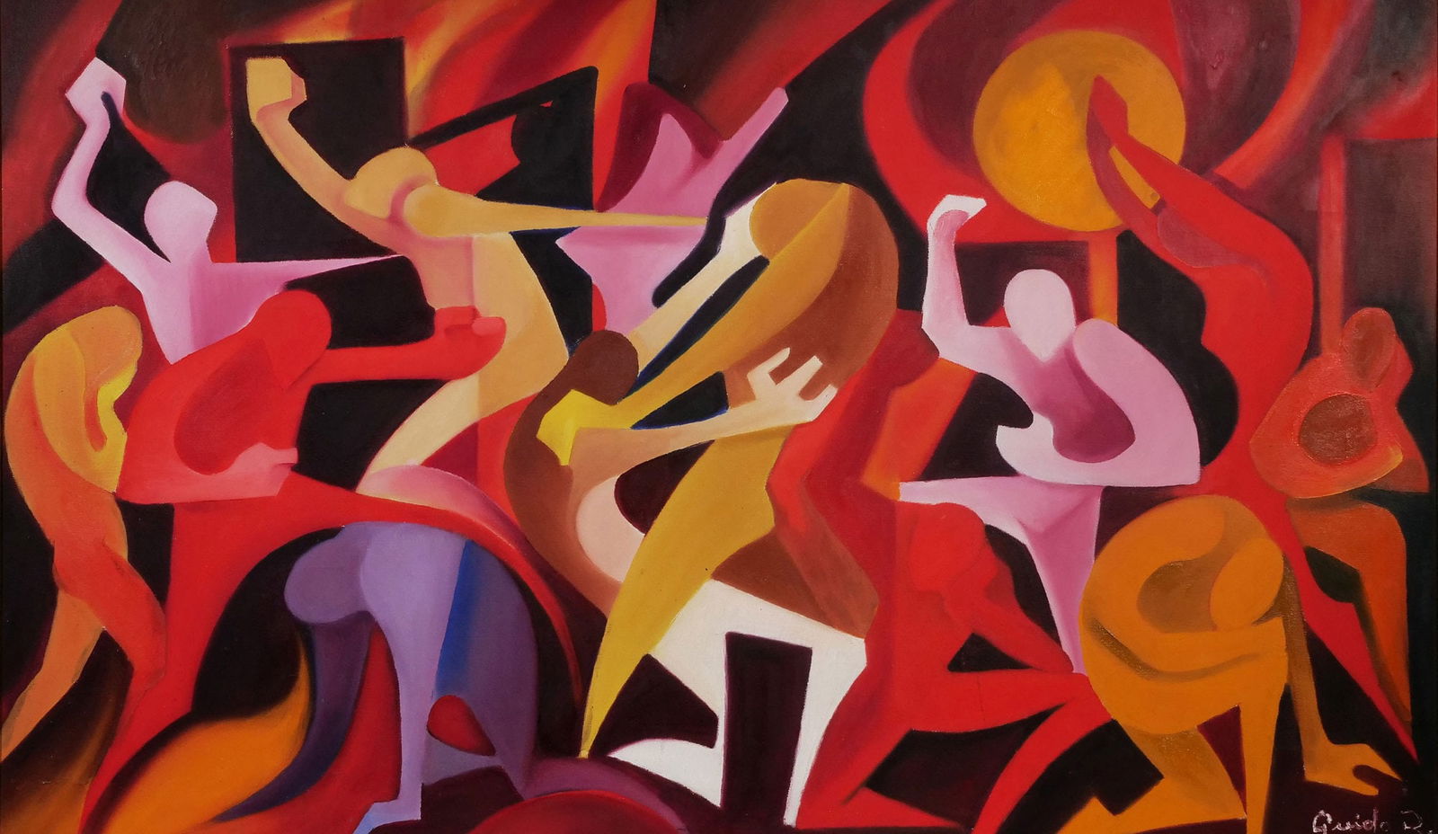 MANNER OF DE KOONING; A MID-CENTURY FIGURAL ABSTRACT PAINTING SIGNED "GUIDO R.": abstract figural composition in the manner of early Willem de Kooning Oil on canvas h. 30 x 50 in., stretcher depicting colorful figures, signed lower right framed in painted wood frame with interior