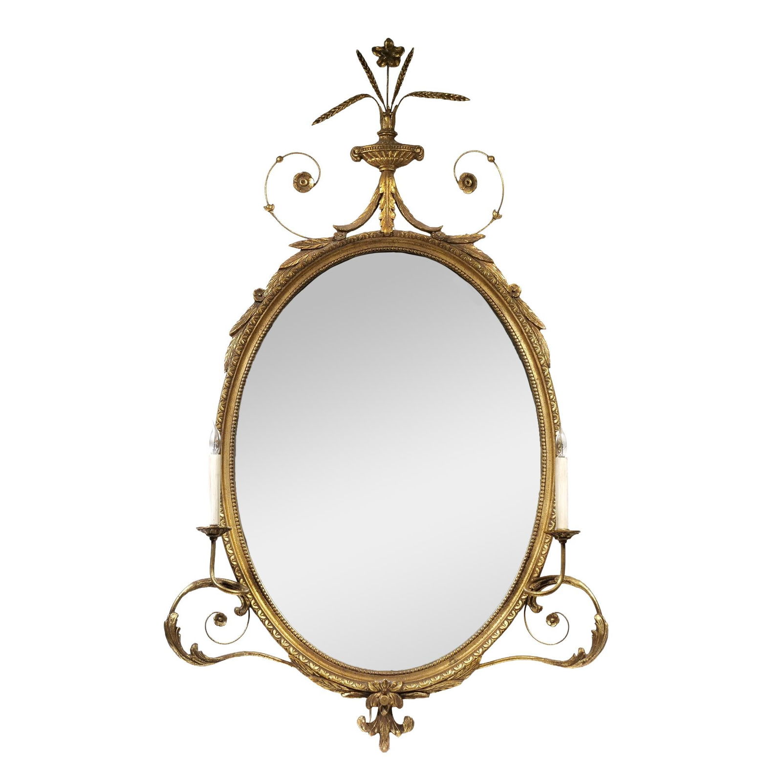 ADAMS STYLE OVAL GILTWOOD MIRROR, ELECTRIFIED: With floral and wirework design, having two Leviton electrified candlesticks h. 50 x w. 30 x l. 6 in.