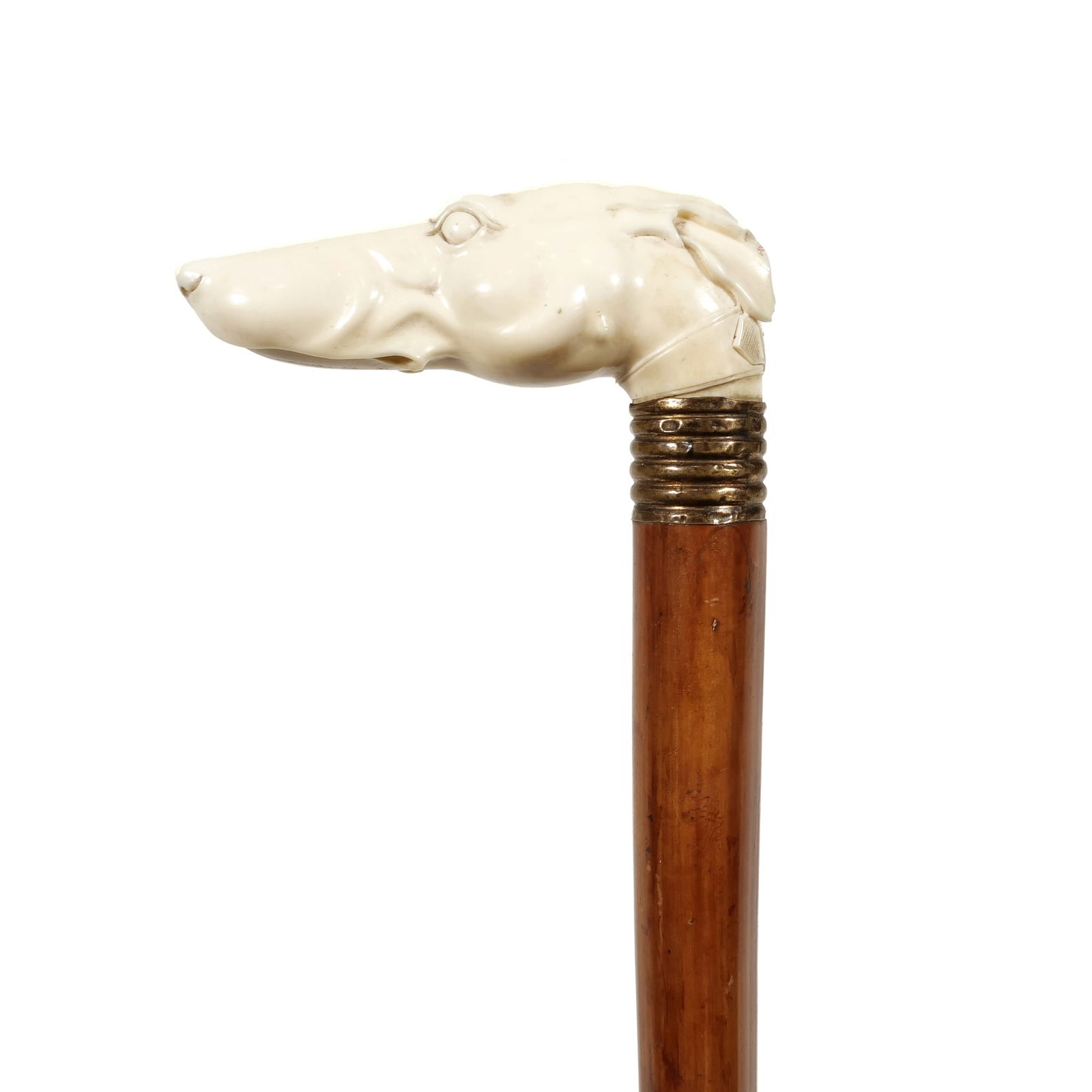 VICTORIAN CARVED BONE GREYHOUND HEAD WALKING STICK (1 of 9)