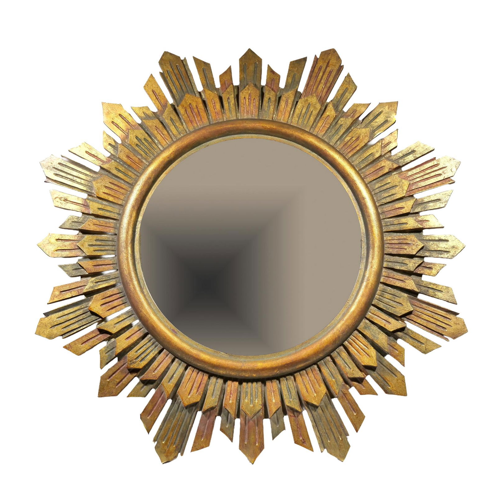 MEXICAN CARVED GILT WOOD SUNBURST MIRROR: 20th century, engraved and polychrome dia. 42 in.