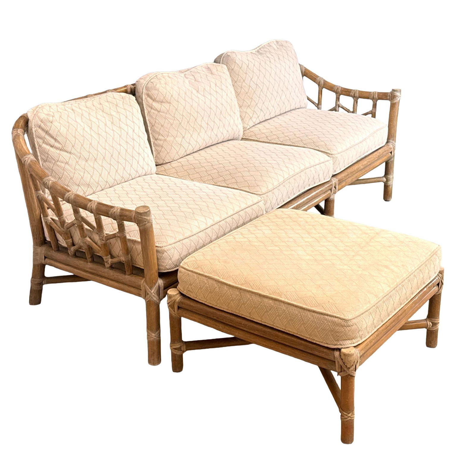(2pc) MCGUIRE RATTAN & RAWHIDE THREE-CUSHION SOFA & OTTOMAN, ORGANIC MID CENTURY (1 of 11)