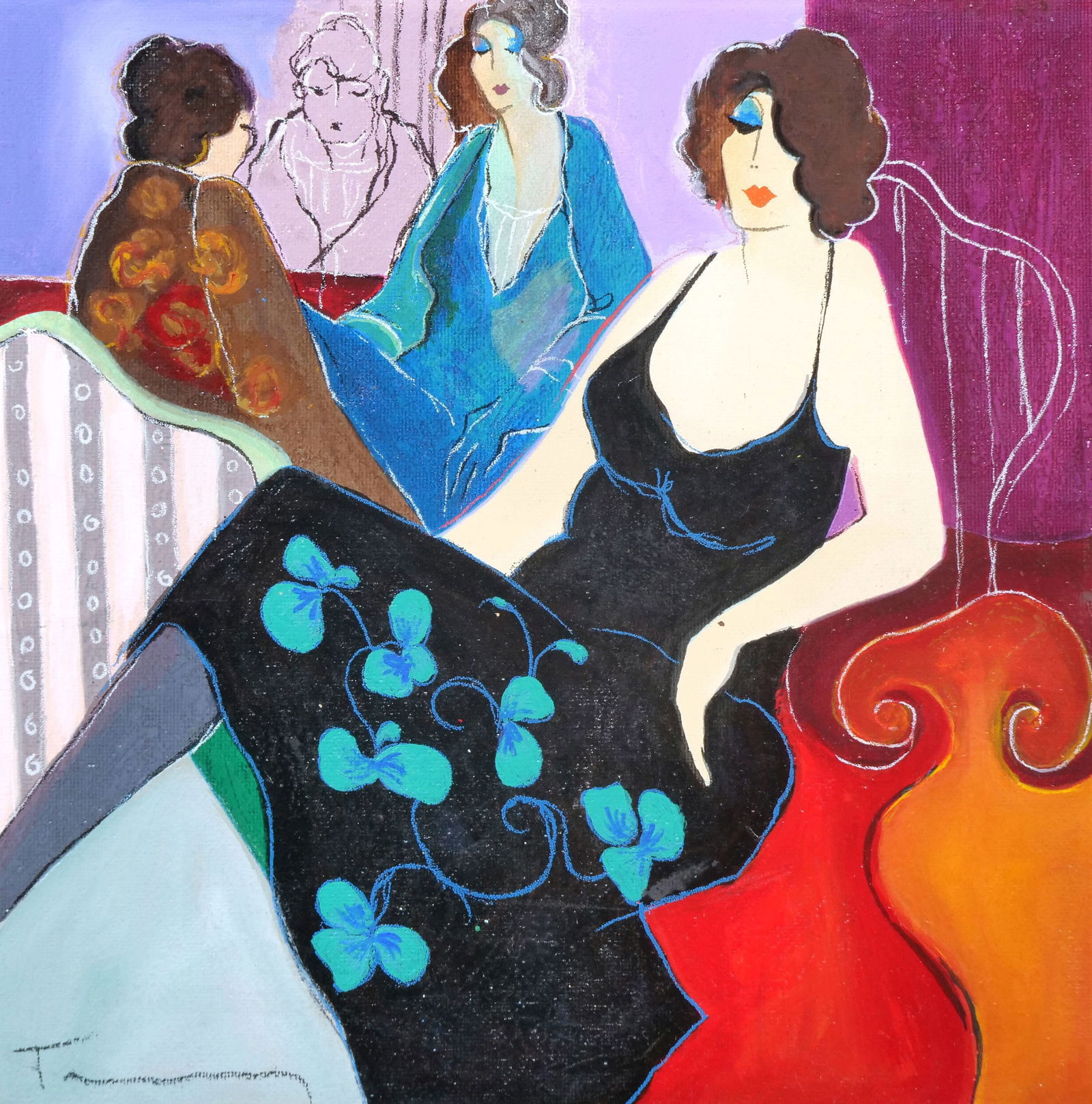 ITZAK TARKAY (ISRAELI, 1935-2012): Evening Talk acrylic on board h. 10.5 x 10.5 in., sight signed lower left Gold-toned frame with linen mat h. 20 x w. 20 in. (frame)