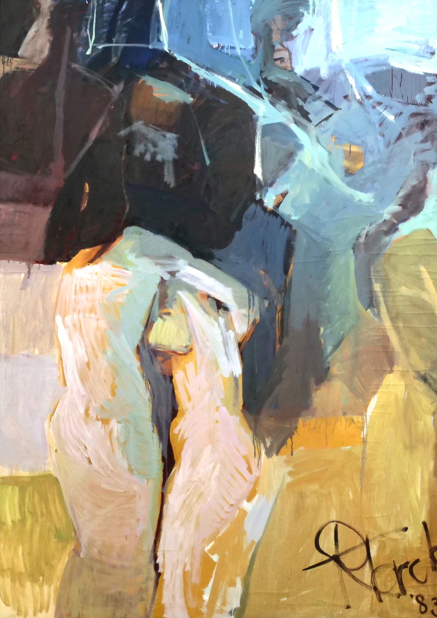 UNIDENTIFIED ARTIST (20TH CENTURY) OIL/ACRYLIC ON CANVAS FIGURE STUDY; R. TORCH: abstract figures oil on canvas h. 78 x 57 in.,stretcher Large figurative painting on canvas depicting two standing, partially abstracted nude figures seen from the rear and in profile. Executed with b