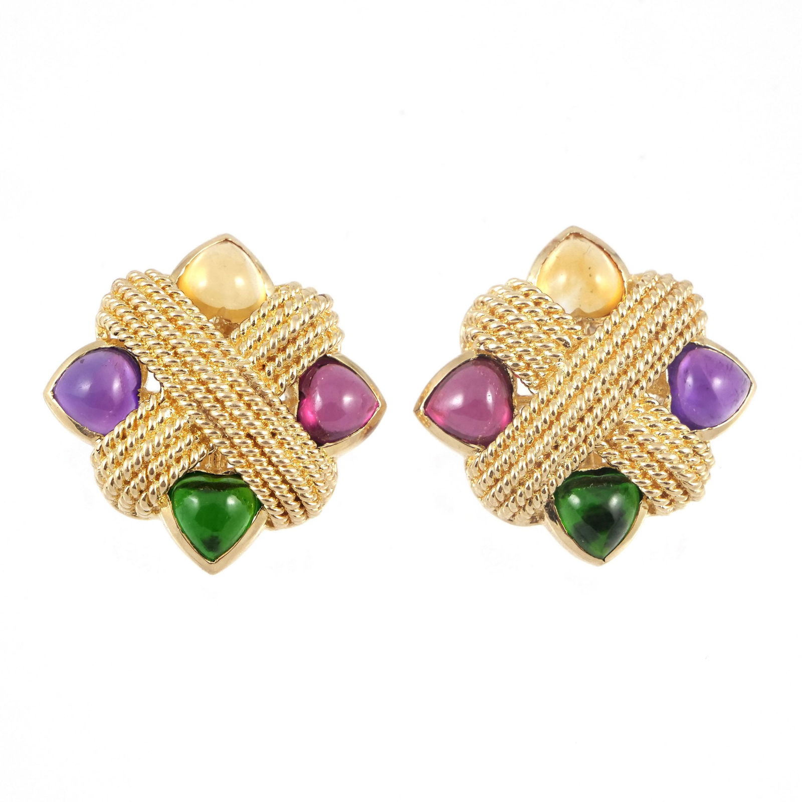 PAIR OF 14K GOLD BUTTON STYLE EARRINGS: A pair of 14k yellow gold, textured, button-style pierced earrings, each set with four heart-shaped cabochon stones, with omega safety backs, unmarked but tested to 14k; 19.5g dia. .85 in.