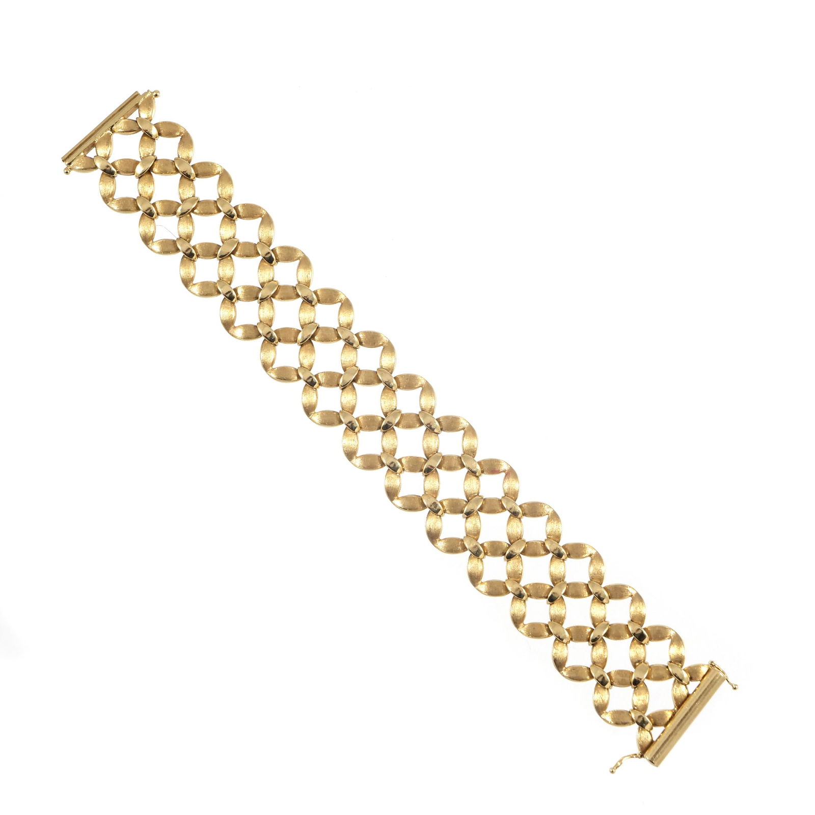 18K GOLD ITALIAN MESH BRACELET: Reversible bracelet with flexible links, one side designed in fully polished gold, the reverse side designed as brushed gold circles with polished connecting links, with secure clasp, marked ?18k Ital