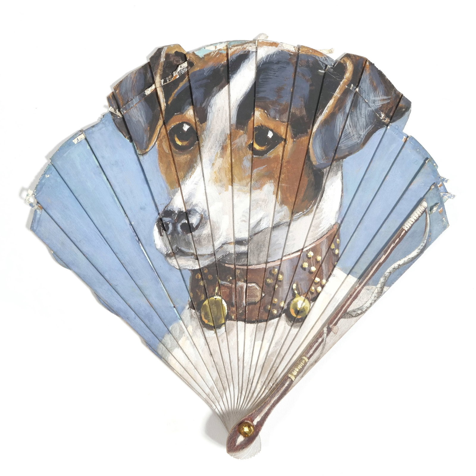 A HAND PAINTED DUVELLEROY, PARIS HAND FAN: signed "Philos" intricately painted on both sides with the face of a dog on one side, back of the dogs head on the other, also marked "Duvelleroy Paris" l. 5.5 in. (approx)