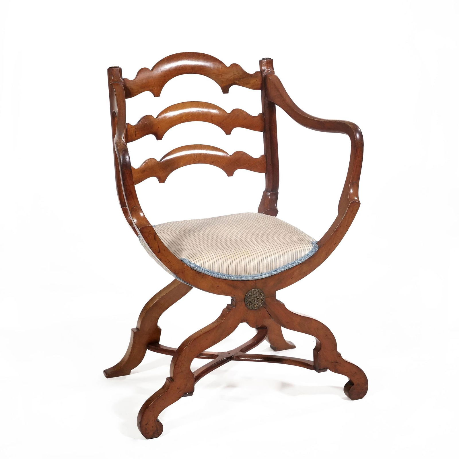 ITALIAN 19TH CENTURY CURULE-FORM SIDE CHAIR, WALNUT & BRASS (1 of 12)