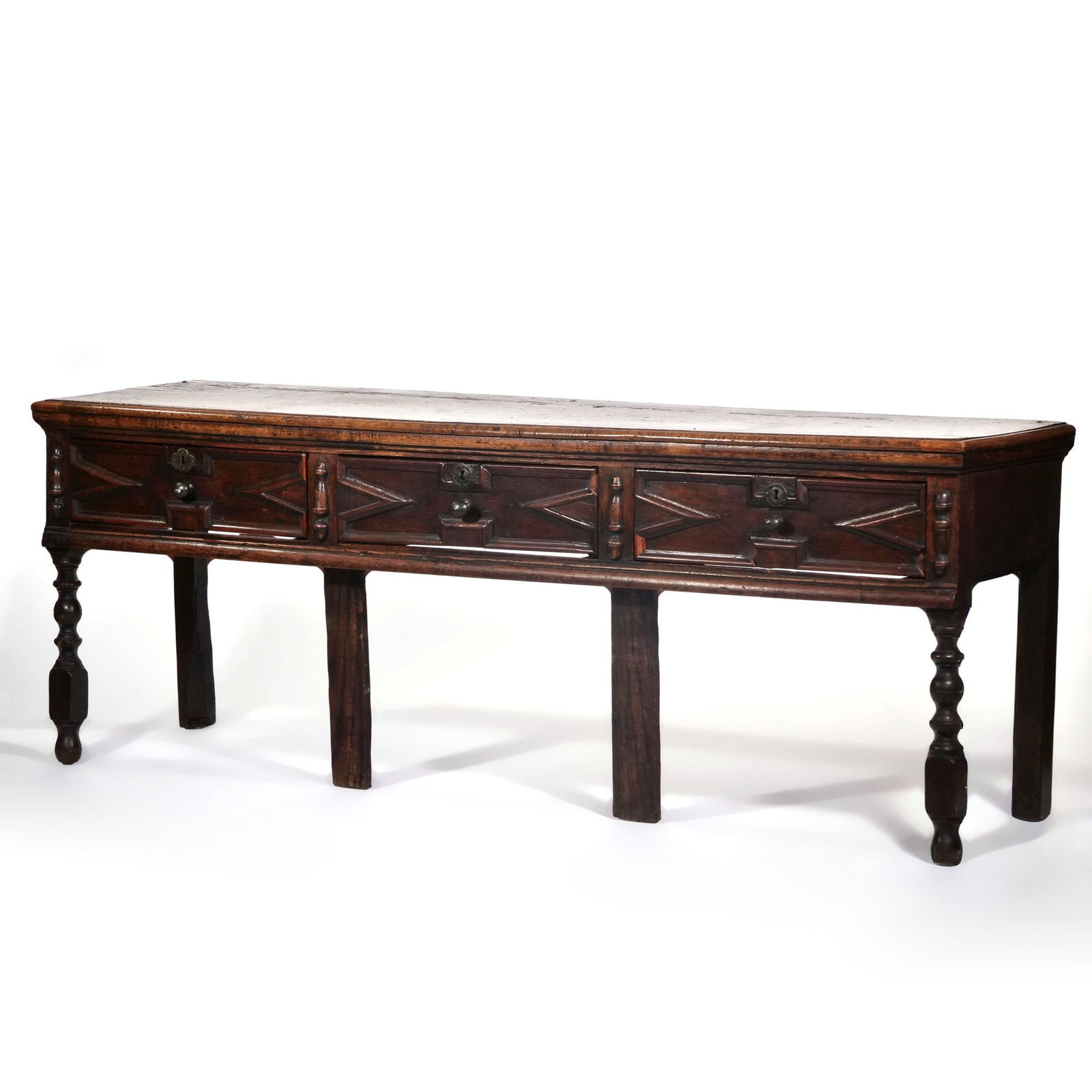 ANTIQUE WELSH OAK DRESSER, 3 DRAWERS, TURNED LEGS (1 of 17)