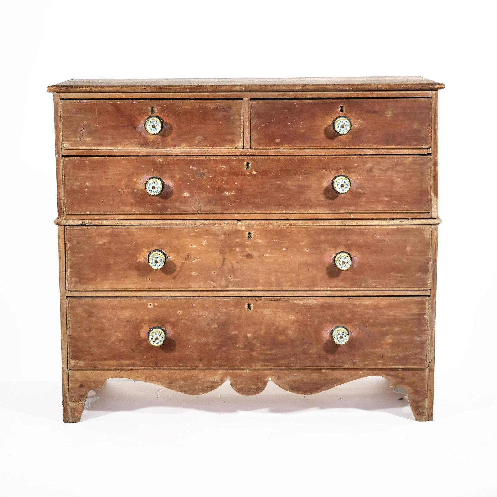 ANTIQUE PINE CHEST OF DRAWERS, TWO-OVER-THREE, SCALLOPED APRON, CERAMIC KNOBS (1 of 12)