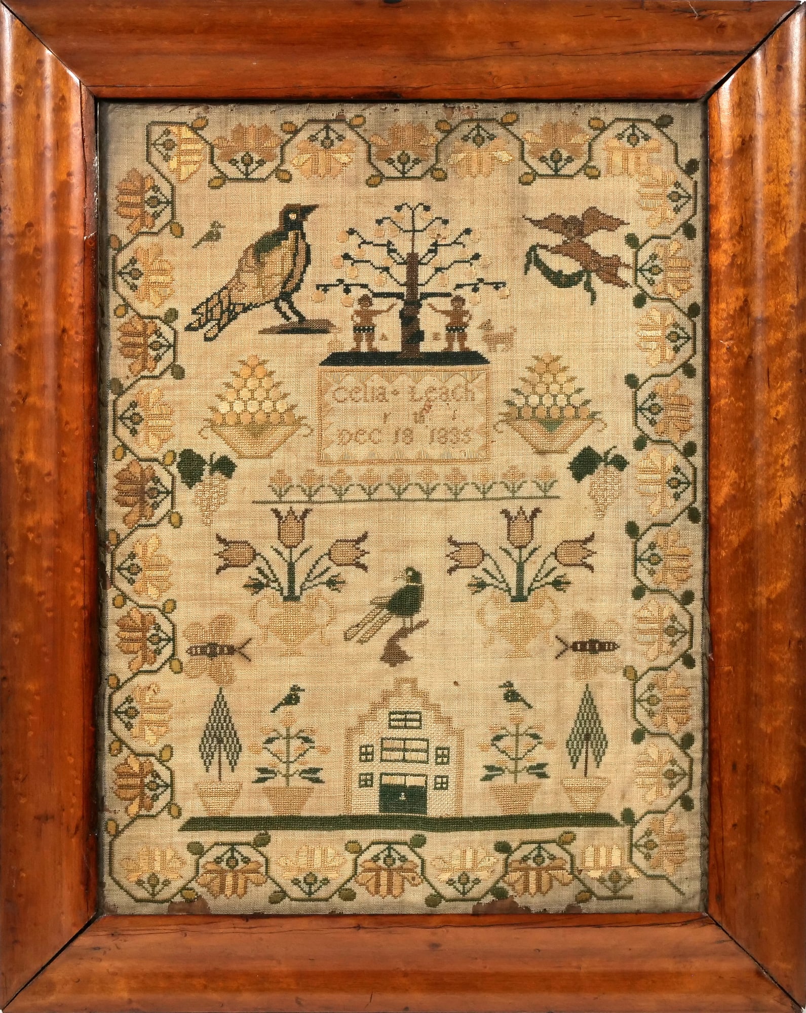 EARLY 19TH CENTURY AMERICAN PICTORIAL SAMPLER, CELIA LEACH, 1835 (1 of 11)