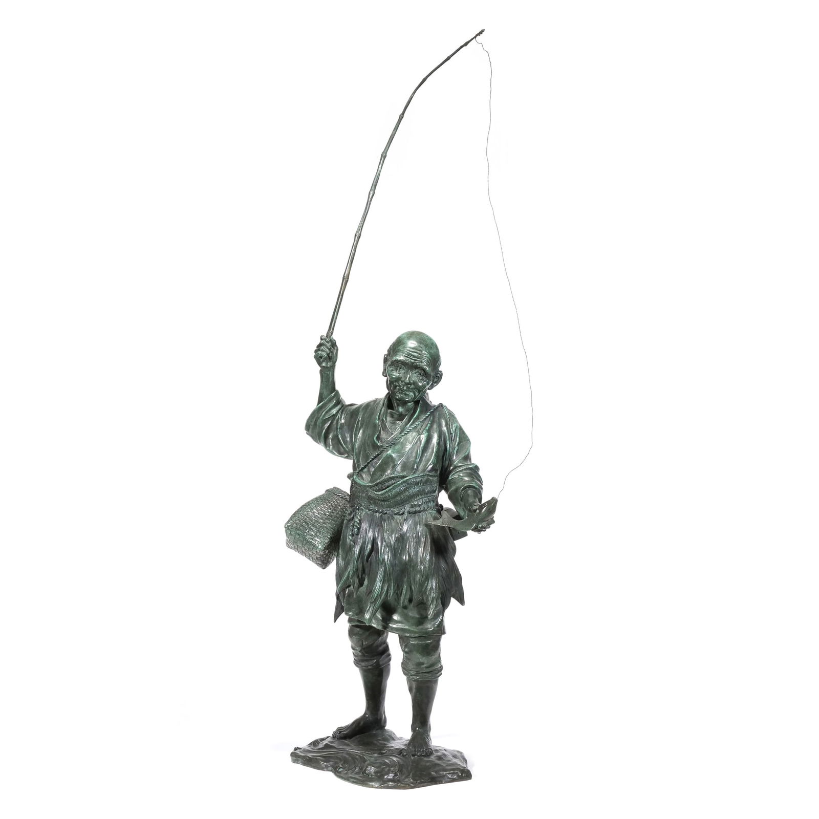 MEIJI PERIOD JAPANESE BRONZE MODEL OF A FISHERMAN: Late 19th century, seal of Dai Nihon Genryusai Seiya Zol h. 29.5 in. (to top of head) h. 53.25 x w. 18.25 x d. 9.5 in. (overall, with fishing rod)