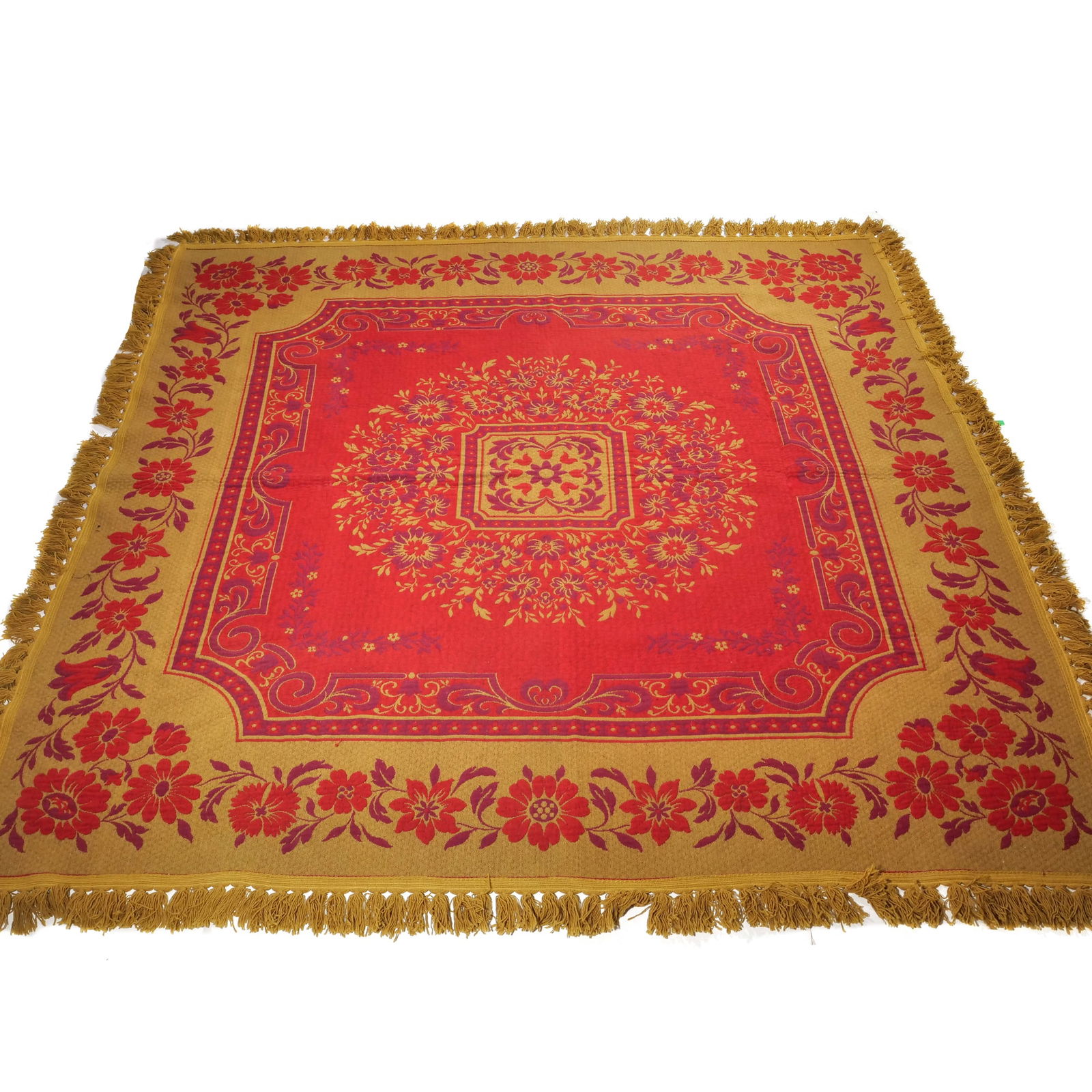 W&J SLOANE THROW: Having yellow flowers on a red ground, with tassels h. 115 x w. 112 in. (incl. tassels)