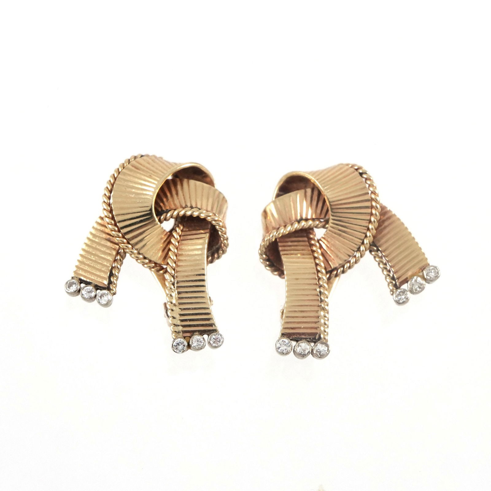 PAIR DIAMOND & 14K GOLD RIBBON FORM EARRINGS (1 of 4)