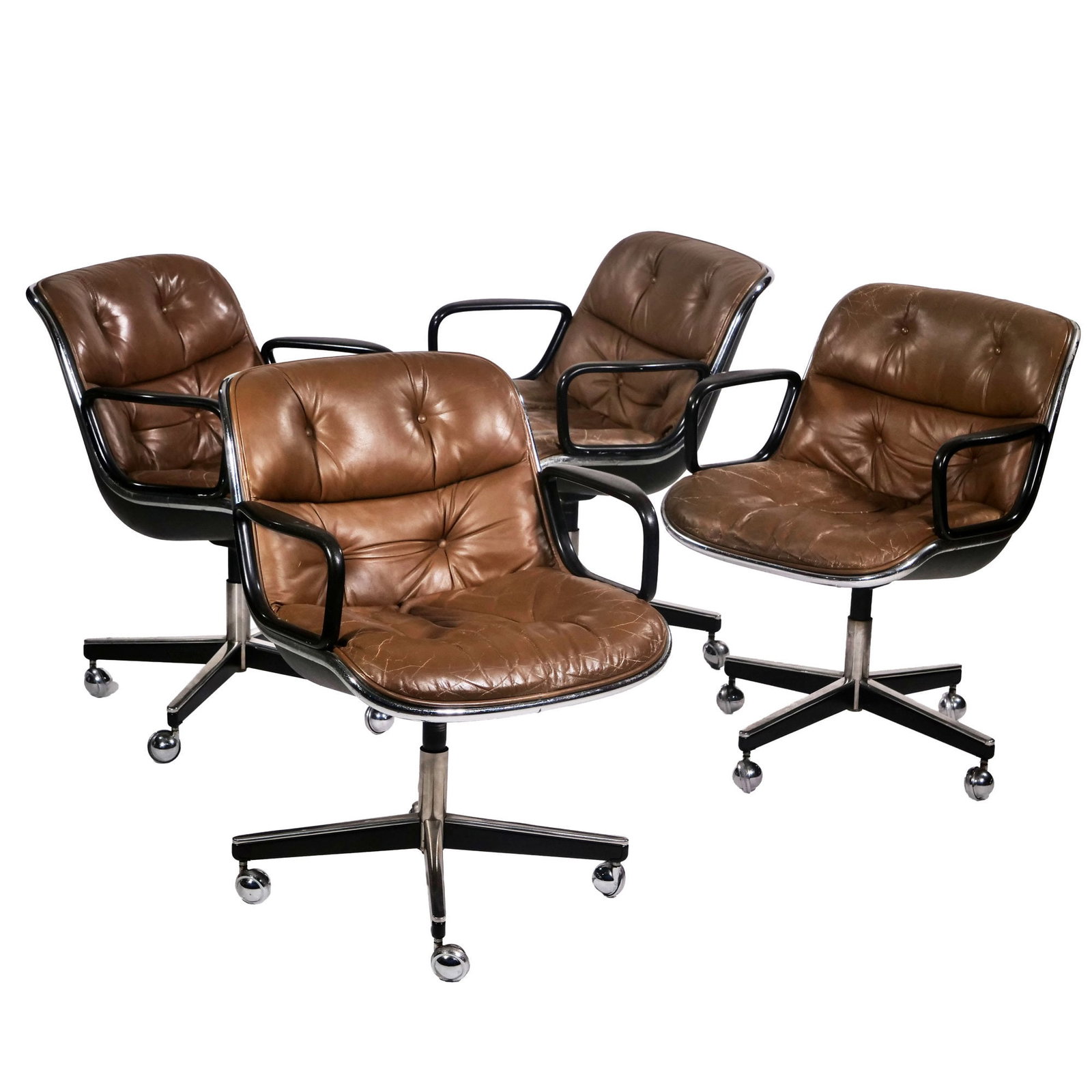 (4pc) VINTAGE CHARLES POLLOCK FOR KNOLL BROWN LEATHER MCM OFFICE CHAIRS (1 of 17)