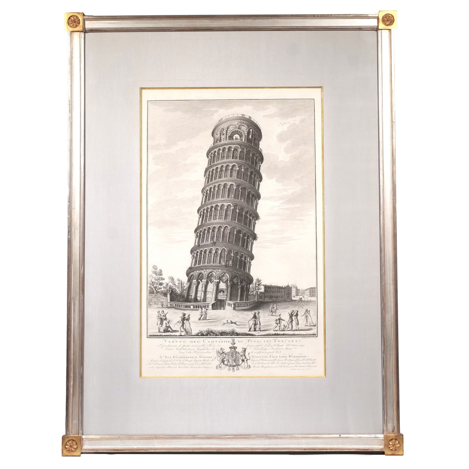 VERICO, ANTONIO. - ENGRAVING: VEDUTA DEL CAMPANILE DI PISA, 1816: Veduta del Campanile di Pisa, 1816 original engraving h. 25 x 16 in., sight h. 38.75 x w. 29.25 in. (frame)