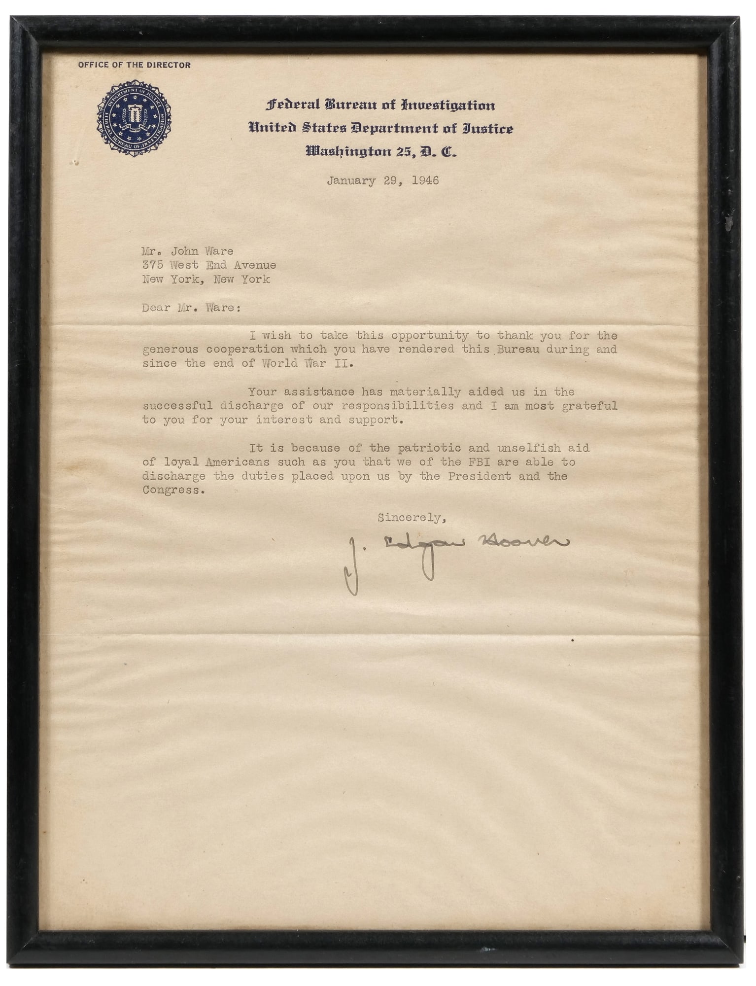 [SIGNED] J. EDGAR HOOVER LETTER, 1946 (1 of 5)