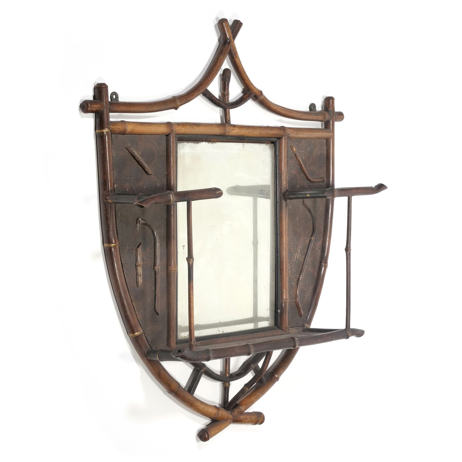 VICTORIAN BAMBOO SHIELD-FORM WALL MIRROR WITH BEVELED GLASS & SHELVES (1 of 9)