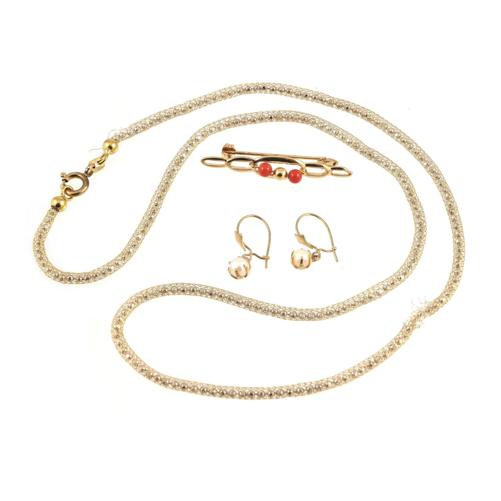(3pc) 14K GOLD NECKLACE, PIN, & PEARL EARRINGS (1 of 5)