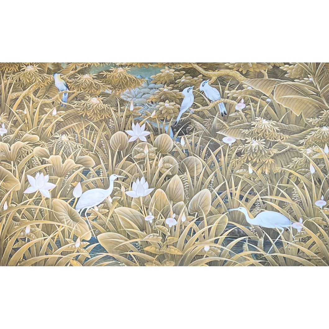 M.D. NGURAH / UBUD PAINTING: Birds and foliage in a riverscape 52 x 33 in., stretcher Balinese painting, signed lower right h. 36 x w. 56 in. (frame)