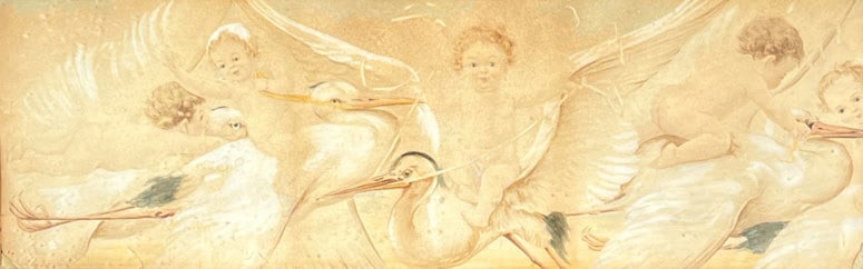 ALBERTINE RANDALL WHEELAN (1863-1954): Putti and storks Mixed media on paper 9.25 x 29.5 in. (sight) h. 14 x w. 34.6 in. (frame)