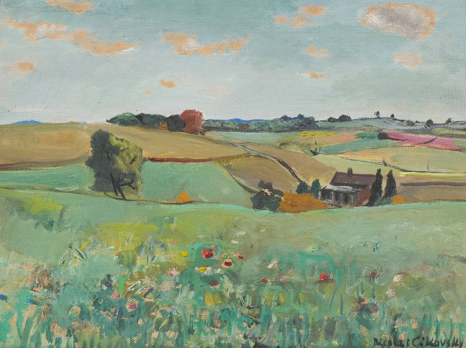 NICOLAI S (NICOLA) CIKOVSKY (RUSSIAN/AMERICAN, 1894-1987) OIL PAINTING: Landscape Oil on board h. 11.5 x w. 15 in. Signed lower right. This impressionistic landscape features rolling green and yellow hills under a light blue sky with scattered clouds. A small structure is