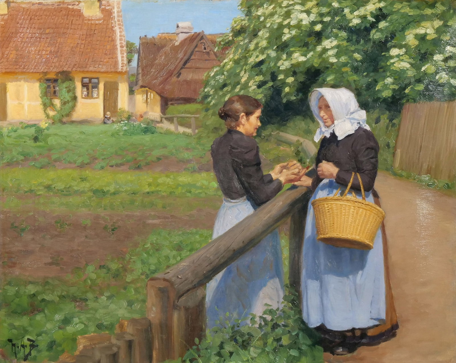 HANS ANDERSEN BRENDEKILDE (DANISH, 1857-1942): The Conversation (samtale ved et bondehus) oil on canvas Signed lower left 19 x 24 in. (canvas) Depicting two women conversing at a wooden fence on a country path with a cottage in the background -