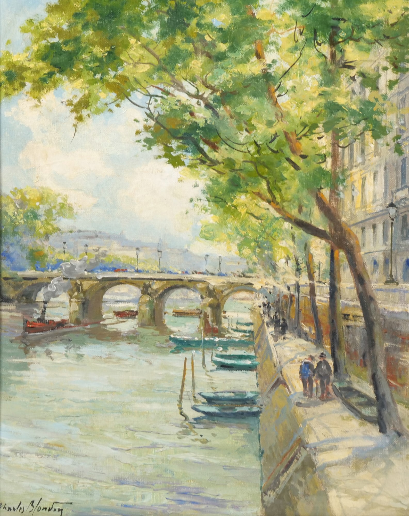 CHARLES BLONDIN (FRENCH, 1913 1991): Seine river scene Oil on canvas Signed lower left h. 16.25 x 13 in., stretcher An impressionistic painting depicting a scene along the river, likely the Seine River in Paris, showing the embankment