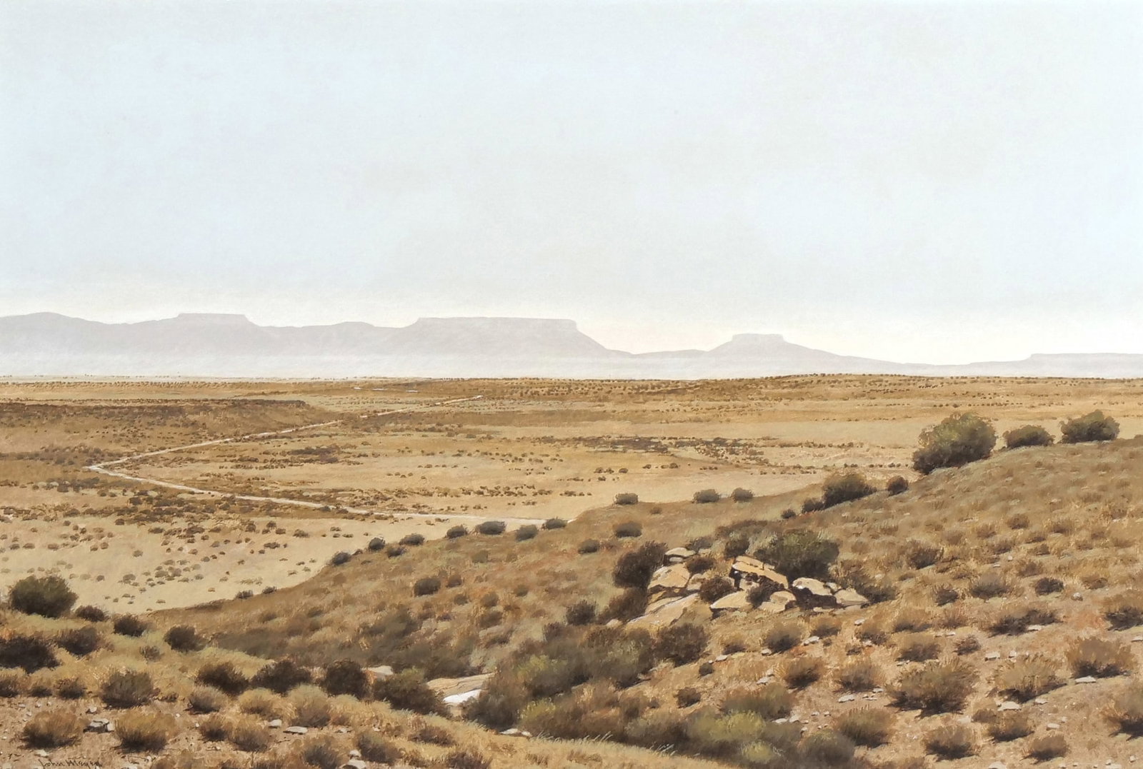 JOHN MEYER (SOUTH AFRICAN, B. 1942): Bethesda Road (Nieu Bethesda District), 1975 oil on board signed lower left 13 x 19.5 in. (board) - h. 19.5 x w. 26 in. (frame) Inventory No. 77-1 Provenance: By repute, purchased by the consignor