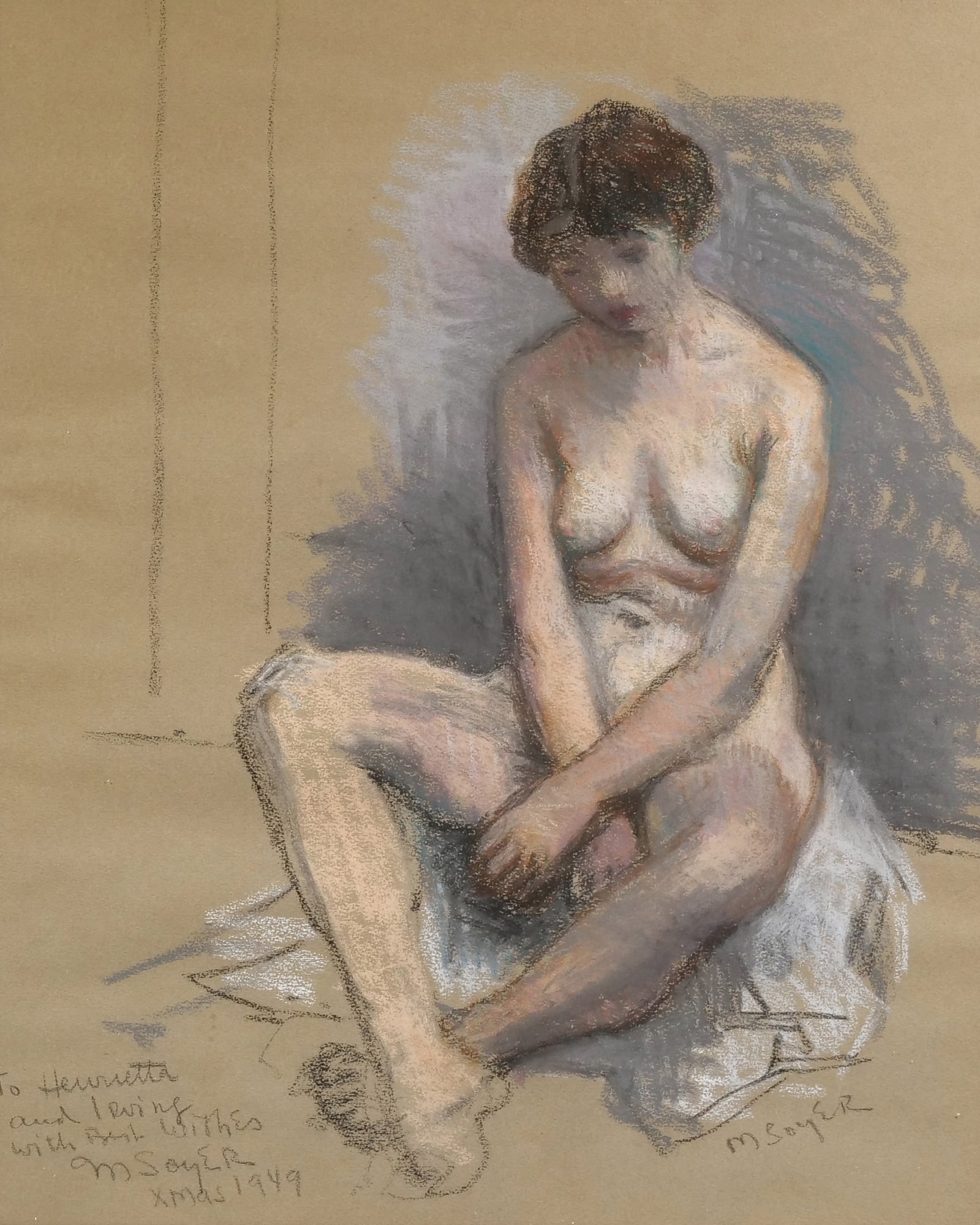 [DEDICATED] MOSES SOYER (1899-1987): Pastel on paper, depicting a seated nude woman With dedication "To Henrietta / and Irving / with Best Wishes / M Soyer XMAS 1949' Signed 'M Soyer' lower right 20.5 x 16.75 in. (sight) - h. 27 x w. 23.