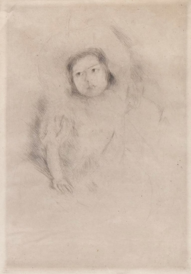 MARY STEVENSON CASSATT (1844-1926) DRYPOINT ETCHING: Margot wearing a bonnet Displayed under glass in a giltwood frame with linen mat 9.5 x 6.75 in. (sight) - h. 19.25 x w. 16 in. Inventory No. 69-4 Provenance: Descended through a Stamford, CT estate