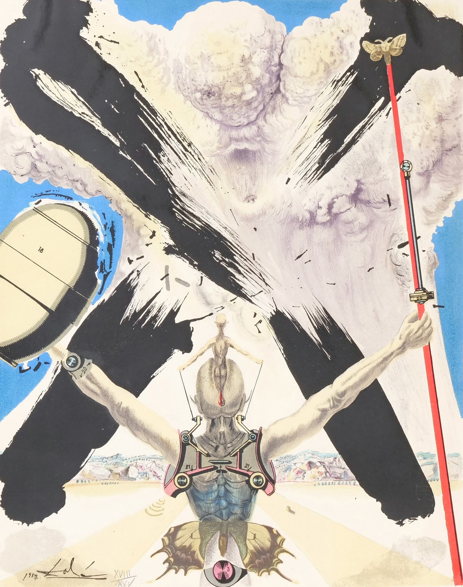 SALVADOR DALI (SPANISH, 1904-1989) COLOR LITHOGRAPH: The Atomic Era (orThe Fight Against Danger) from the Don Quixote series Color lithograph on paper 16 x 13 in. (paper) Signed and dated 1957 lower left, and pencil numbered XVII/XXV lower left; - h.