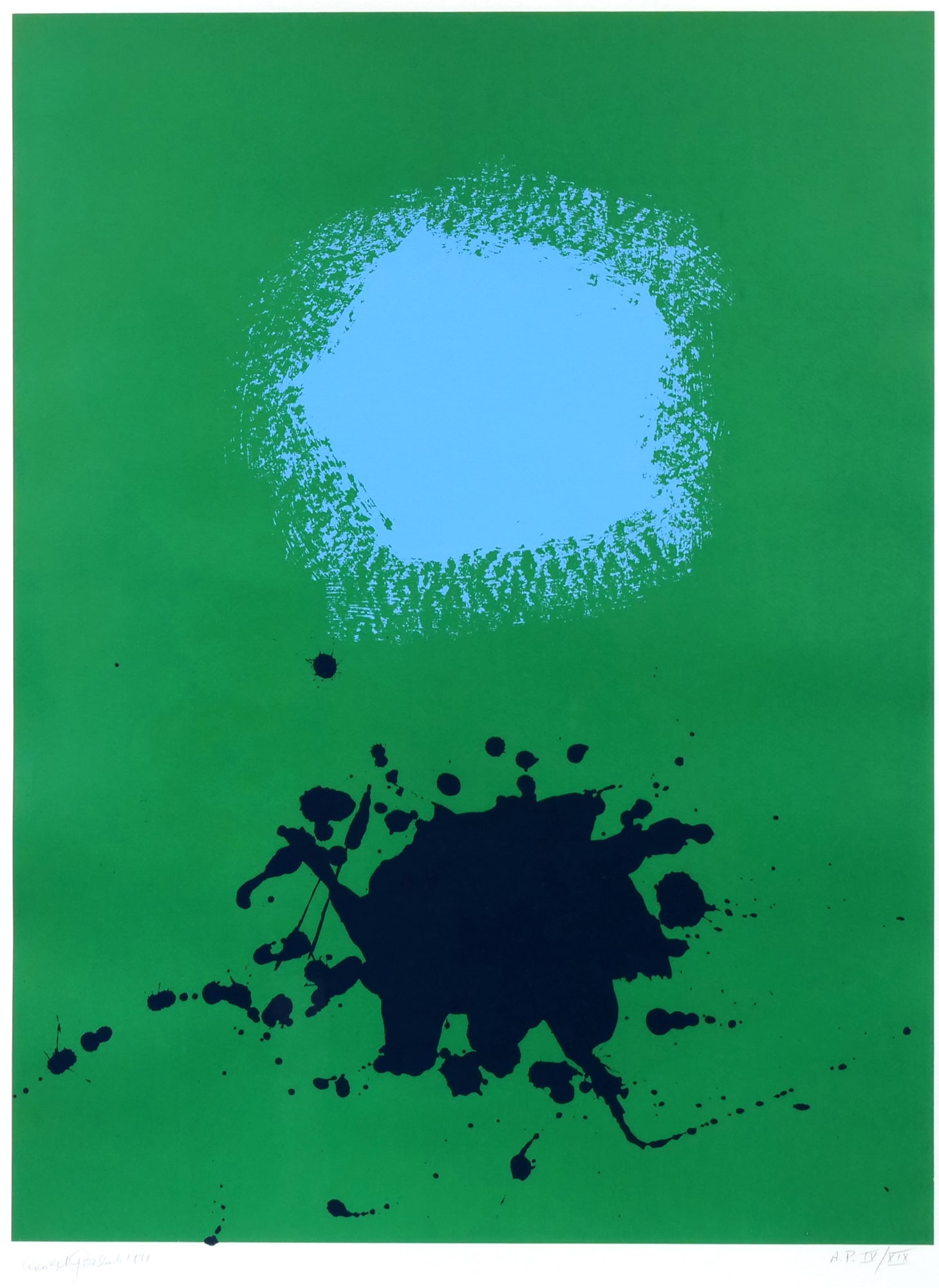 ADOLPH GOTTLEIB (AMERICAN, 1903-1974) SCREENPRINT: Blues on Green, 1971 Screenprint in colors, on woven paper Signed and dated in pencil lower left, and numbered 'AP IV/XIX' lower right 26 x 19.5 (sight) A modern abstraction depicting a light blue