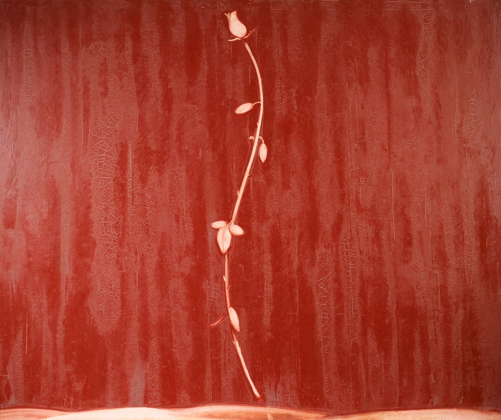 JOE ANDOE (AMERICAN, B. 1955) OIL ON CANVAS: untitled Oil on canvas h. 50 x w. 60 in., stretcher Signed upper margin Depicting a single, vertically oriented rose stem rendered in light tones against a textured, monochromatic red background. The 