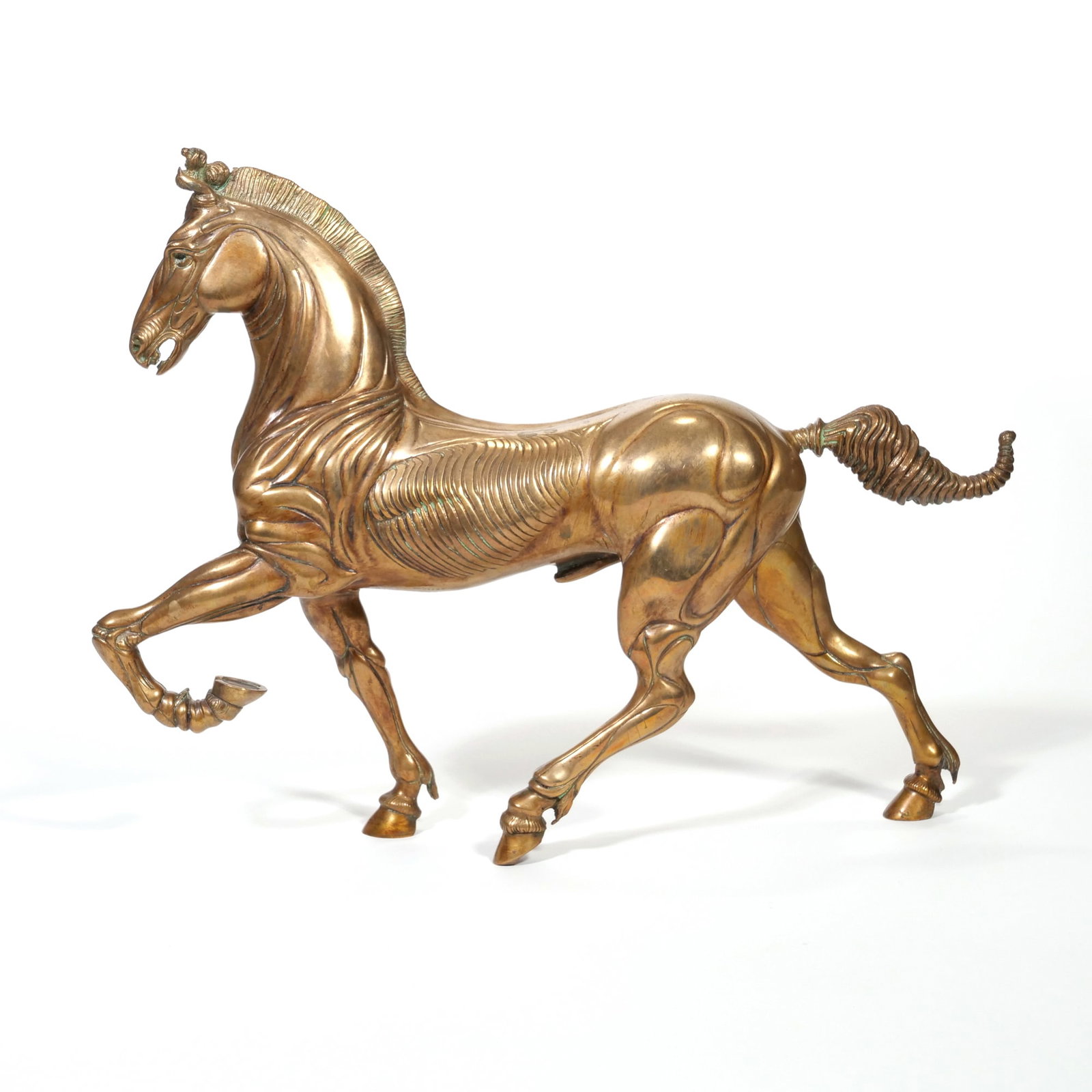 LUDOVICO DE LUIGI (ITALIAN, B. 1933) BRONZE SCULPTURE: Horse Bronze h. 15 x w. 20 x d. 4 in., approx. Signed and numbered 28/1000 on the underside Depicting a prancing horse with stylized anatomical striations and a textured mane and tail. The figure is m