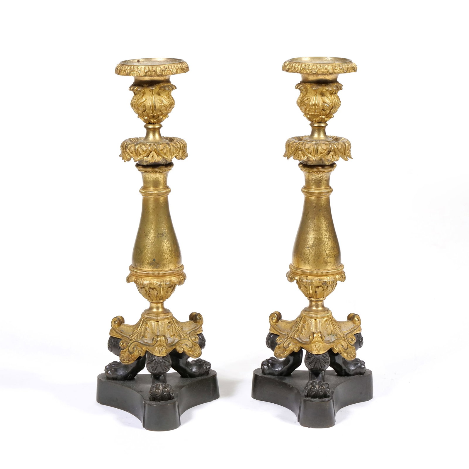 PAIR FRENCH EMPIRE GILT AND PATINATED BRONZE CANDLESTICKS (1 of 8)