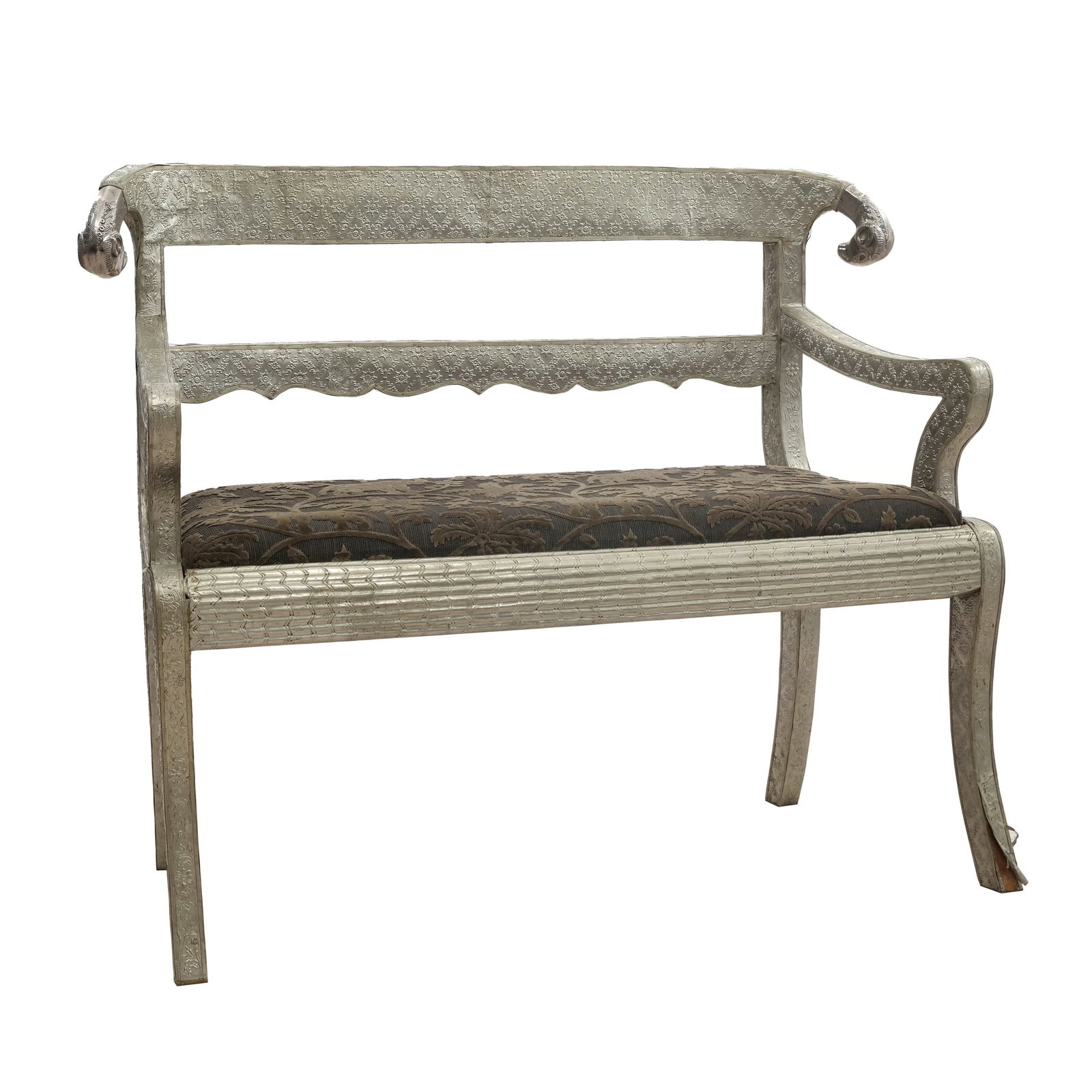 ANGLO-INDIAN REPOUSSE SILVER CLAD SETTEE WITH RAM HEAD FINIALS (1 of 13)