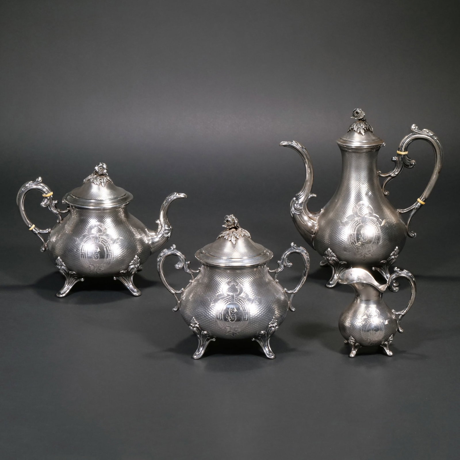 (4pc) FRENCH GUILLOCHE STERLING TEA & COFFEE SERVICE (1 of 10)
