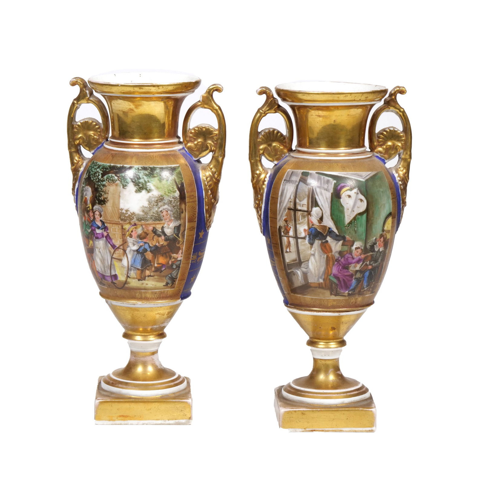 PAIR OF FRENCH SEVRES STYLE OLD PARIS PORCELAIN VASES: A pair of porcelain urn-form vases featuring hand-painted genre scenes on the obverse. Each vase is decorated with a cobalt blue ground on the sides, accented with gilded stars and scrollwork. The