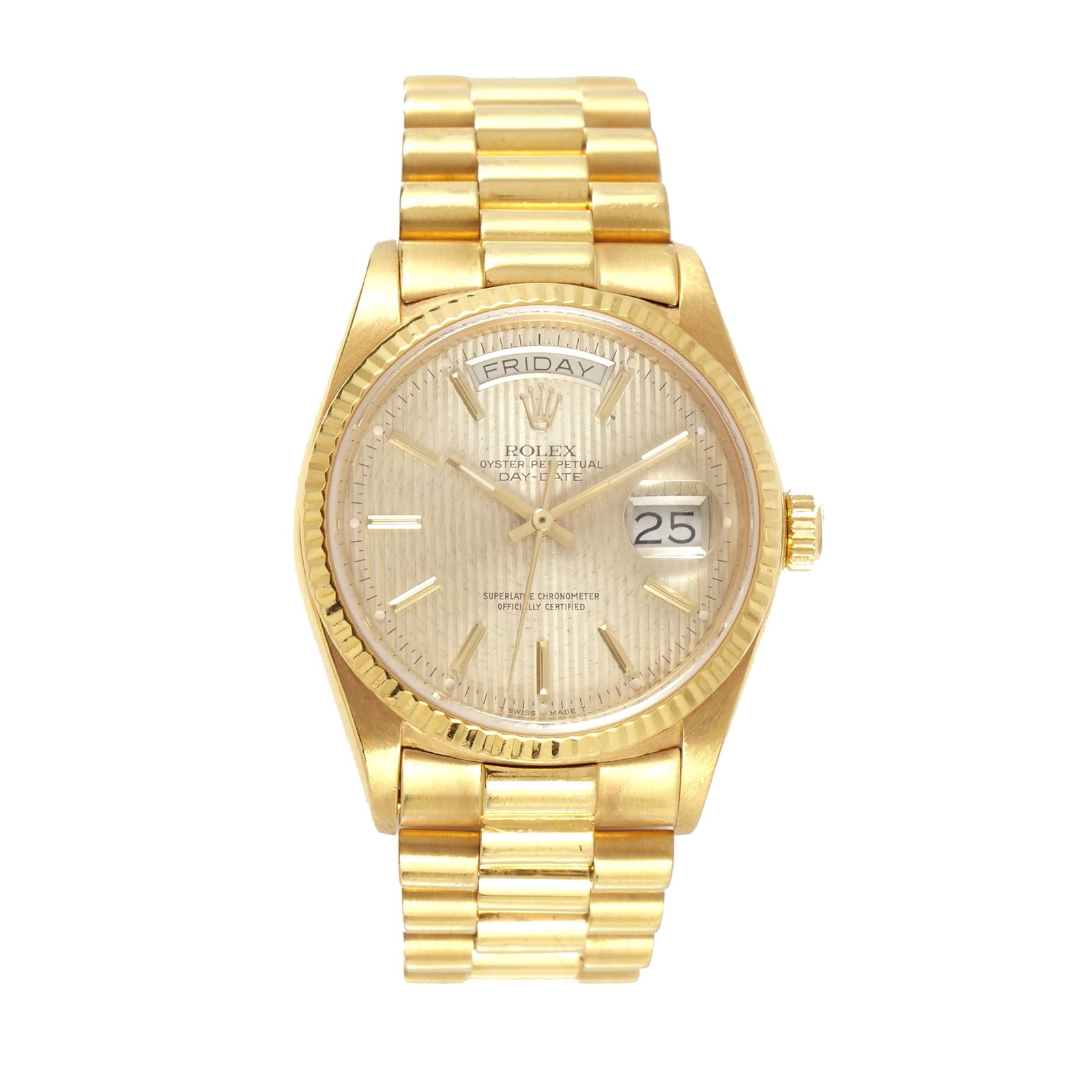 ROLEX DAY-DATE PRESIDENT 18K GOLD MAN'S WRISTWATCH: Having a Champagne Tapestry Dial with baton numerals, day window at 12 o'clock position, date window under a cyclops at the 3 o'clock position; small green box, paperwork, leather-wrapped presentation