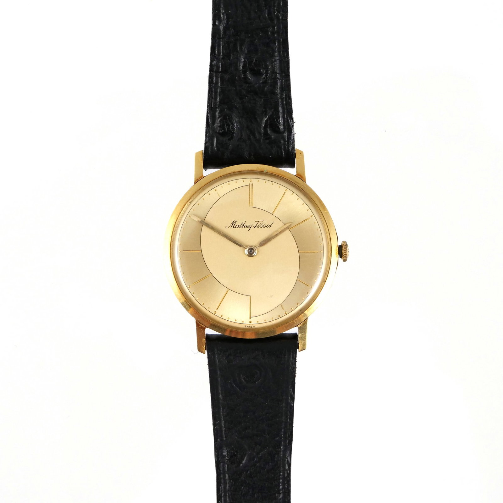 18K GOLD MATHEY-TISSOT GRAND PRIX WRISTWATCH: Vintage Mathey-Tissot wrist watch in18k yellow gold case with fineness mark to back and numbered '228970', on black leather band; 24.9g total watch weight with band - l. 8.5 in. (approx.) Inventory