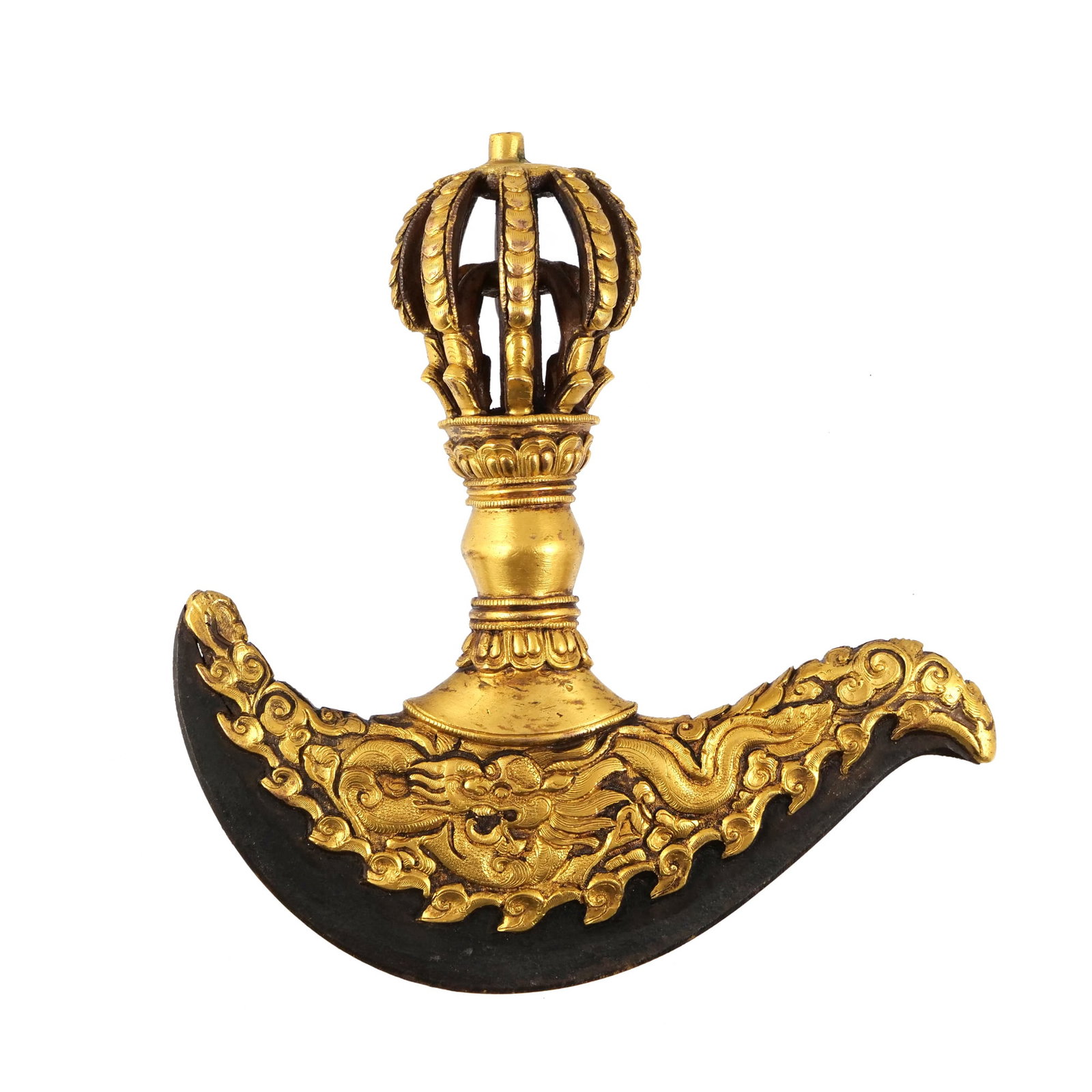 TIBETAN KARTIKA GILT BRONZE CRESCENT KNIFE: Tibetan ceremonial kartika knife/chopper with gilt bronze blade decorated with dragon motifs and having a vajra handle - h. 6.5 x w. 6 x d. 2.5 in. (approx.) Inventory No. 64-170 Provenance: Property