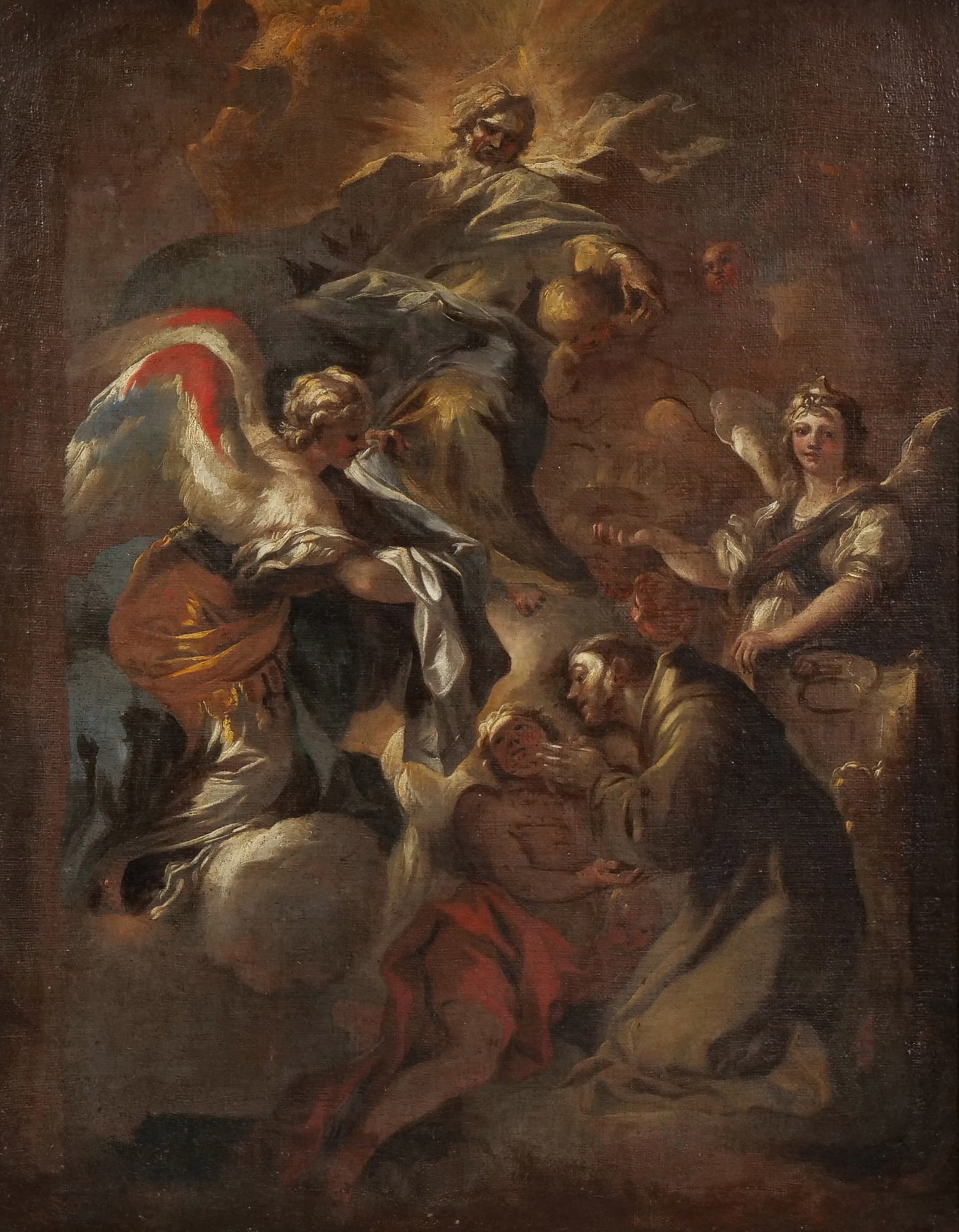 FRANCESCO SOLIMENA (ITALIAN, 1657-1747): Vision of St. Francis, or Saint Francis Refuses the Priesthood, a Bozzeto Oil on canvas, 25 x 20 in. - h. 31 x w. 25.75 in. (frame) Inventory No. 64-84 Provenance: Alfred K. Moir Bequeathed to the