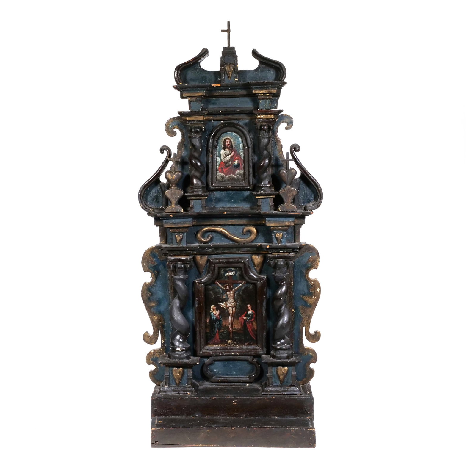 SPANISH COLONIAL SCHOOL (18TH/19TH CENTURY) CARVED WOOD ALTARPIECE: Untitled (Crucifixion and Salvator Mundi Altarpiece) Carved and polychrome painted wood h. 36 x w. 17 x d. 8.5 in. This two-tiered structure features solomonic columns and scrolling volutes flanking t