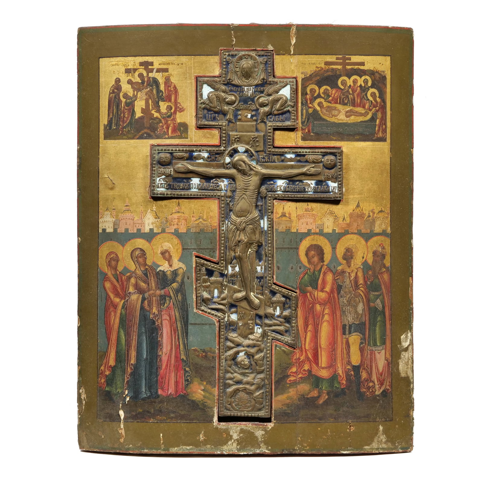RUSSIAN SCHOOL (19TH CENTURY) ICON, ENAMELED BRASS, TEMPERA & OIL: The Crucifixion with Passion Scenes Tempera and oil on wood panel with inset brass and enamel cross h. 17.5 x w. 14 in. The central brass cross features blue and white enamel highlights and depicts th